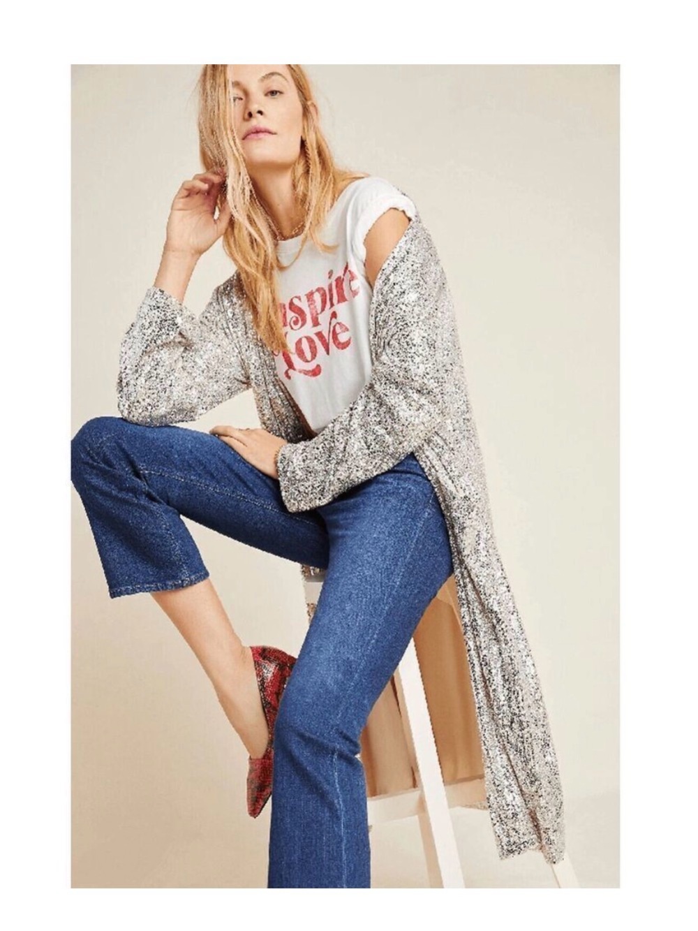 Silver Sequin Longline Cardigan Sweater - Women's